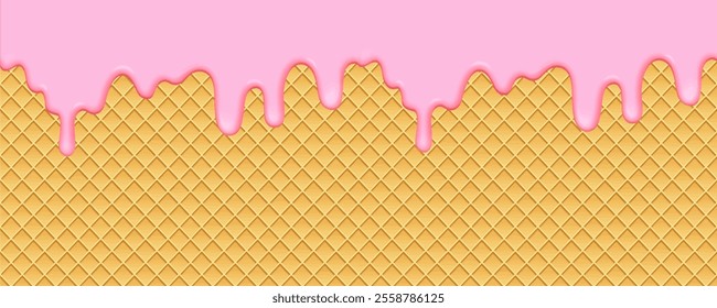 Pink strawberry cream melted waffle cone vector pattern. Ice cream waffle sweet liquid biscuit candy cartoon cream