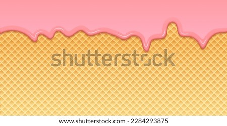 Pink strawberry cream melted waffle cone vector pattern. Icecream waffle sweet liquid biscuit candy cartoon cream