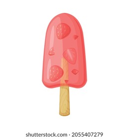 Pink Strawberry Fruit Ice Cream on Wooden Stick as Frozen Dessert and Sweet Snack Vector Illustration