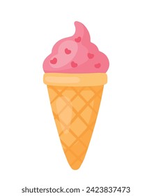 Pink Strawberry Ice cream drawing with Heart Sprinkles topping in waffle cone. Cute frozen dessert animated vector illustration for valentines day element decoration