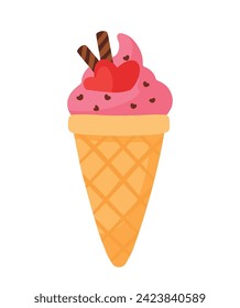 Pink Strawberry Ice cream drawing with Heart topping in waffle cone. Cute frozen dessert animated vector illustration for valentines day element decoration