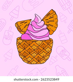 Pink Strawberry Ice Cream with Fresh Orange Pineapple Pieces, Creating a Sweet and Refreshing Summer Beach Experience for Enjoying the Sun and the Waves