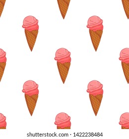Pink strawberry Ice cream seamless pattern. Summer card design. Vector cartoon illustration.