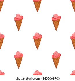 Pink strawberry Ice cream seamless pattern. Summer card design. Vector cartoon illustration.