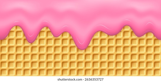 Pink strawberry ice cream seamless background. Golden waffle cone with flowing cherry cream topping. Sweet crispy dessert backdrop. Tasty food design. Realistic vector illustration.