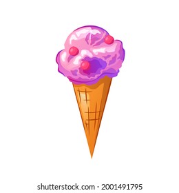 pink strawberry ice cream with tasteful flavour melt in cone illustration. Vector 