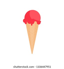 Pink strawberry ice cream in waffle cone. Cartoon icecream icon food. Vector illustration isolated on white eps10