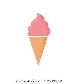 Pink strawberry ice cream in a waffle cone. Vector stock flat illustration isolated on a white background.