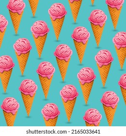 Pink Strawberry Ice Cream With Waffle Cone Pattern On Pastel Blue Background. Summer Minimalism. Isometric Flat Lay.