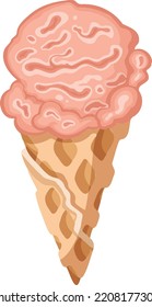 pink strawberry ice cream waffle cone, sorbet, vector illustration