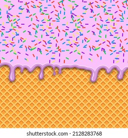 Pink strawberry ice-cream melted on waffle background. Pink ice cream melted with colorful cute candy sprinkles. Vector Illustration