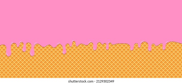 Pink strawberry ice-cream melted on waffle background. Vector Illustration