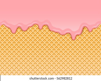 Pink strawberry ice-cream melted on waffle background. Vector Illustration