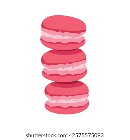 Pink strawberry macaron french pastry dessert isolated on white background. Macaron cakes. Vector illustration