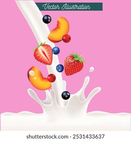 
pink strawberry milk fruit splash vector