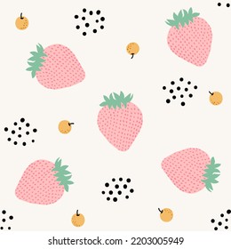 pink strawberry on light yellow background  seamless pattern kiddy cartoon style for wallpaper, banner, label, cover, card, texture etc. vector design.