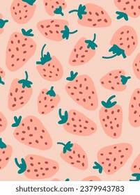 Patrones de fresa rosada sobre fondo rosado para banner web, presentación de negocios, paquete de marca, impresión de tela, papel tapiz, publicación en medios sociales, doodle, notas, portadas de libros, decoración de pared.
