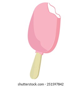 Pink strawberry, raspberry ice cream on a stick vector isolated bitten, tasty dessert