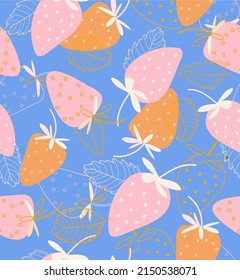 Pink strawberry seamless pattern on blue background. Vector outline fruit background for branding, package, fabric and textile, wrapping paper