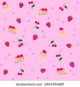 pink strawberry shortcake and muffin with cherry fruit seamless pattern. doodle of sweet and treats good for fabric, fashion design, wallpaper, background, valentine, kids, girls.