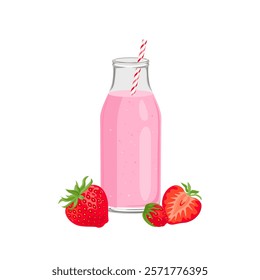 Pink strawberry smoothie in bottle with straw. Healthy juice and fresh berry. Vector cartoon flat illustration.