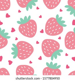Pink Strawberry Vector seamless pattern with pink heart on white background.love and valentine's day concept.