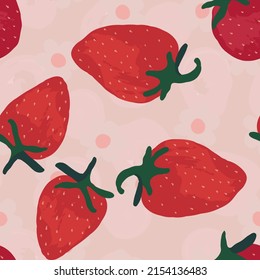 Pink Strawberry Vector Seamless Pattern. Cartoon Spring Fruity Texture. Drawing Floral Berry Background. Red Berries Candy Print.