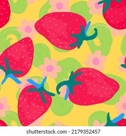 Pink Strawberry Vector Seamless Pattern. Drawing Fresh Fruit Wallpaper. Red Candy Berries Design. Colorful Berry Spring Print.