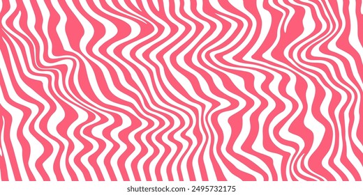 Pink strawberry wavy caramel pattern. Vector abstract distorted background with pink and white chaotic stripes. Striped sweet candy psychedelic texture. Dynamic caramel backdrop with optical illusion