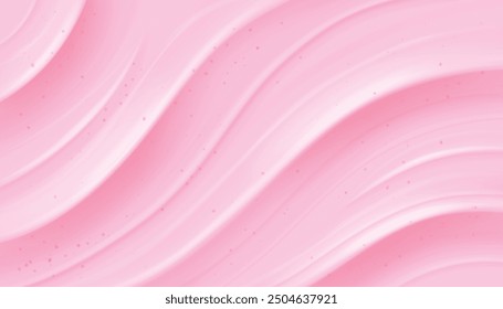 Pink strawberry yogurt or ice cream surface texture with wave pattern. Milk creamy sweet fruit and berry product. Soft and frozen sorbet or dairy pudding smooth top. Realistic vector background.