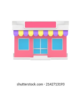 Pink street awning storefront local shop building exterior realistic 3d icon vector illustration. Retail store business supermarket commercial architecture facade front view. Urban grocery market