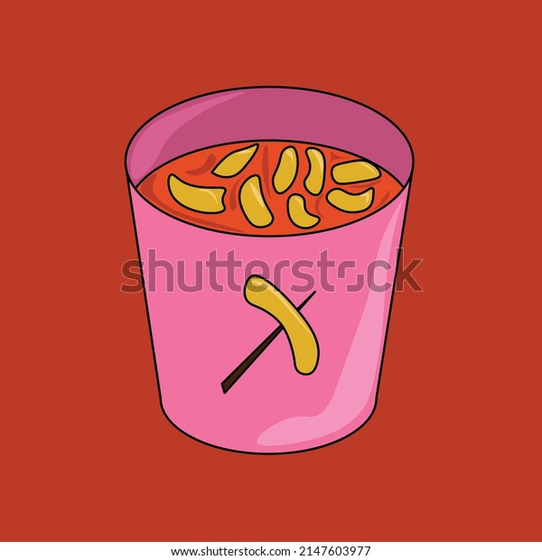 pink street food icon snack packed with cup\
illustration cilok seller pempek tteokbokki in a small cup flat\
icon with orange\
background