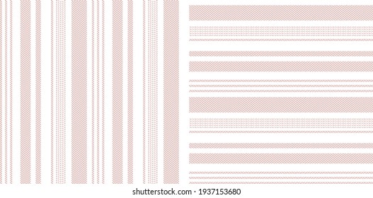 Pink stripe pattern vector herringbone set. Seamless textured light pastel asymmetric stripes for dress, shirt, skirt, trousers, other modern spring summer everyday casual fashion textile design.