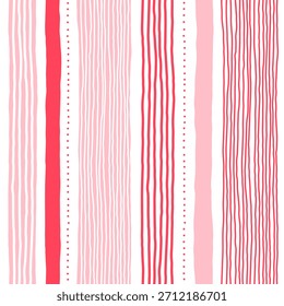 Pink stripe seamless pattern, girly background, cute stripe print. Vector stripes, wavy hand draw doodle lines