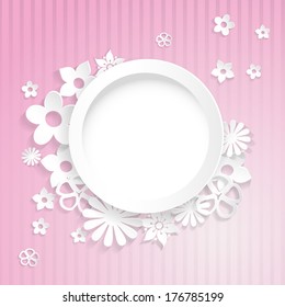 Pink striped background with ring and flowers cut out of paper