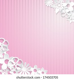 Pink striped background with white flowers cut out of paper