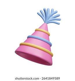 Pink striped birthday hat with colorful stripes and tassel 3D style vector illustration. Cute cartoon style triangle cone birthday cap surprise party decor element. Festive cone hat 3D icon.