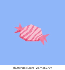 Pink striped candy with a simple geometric style on a blue background. Cute caramel in a pink wrapper. Minimalist and playful, perfect for festive, sweet, or creative designs.