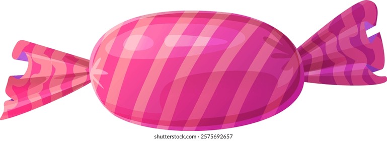 Pink striped candy wrapped in cellophane. Colorful cartoon-style illustration isolated on white background. Sweet confectionery design element for prints and banners