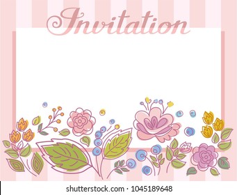 Pink striped card. Colored twigs with berries and flowers. Vector picture. The inscription in English. 