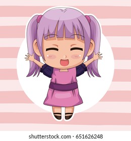 pink striped color background with circular frame and cute anime girl expression happiness