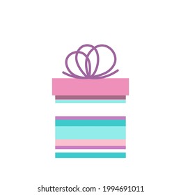 Pink Striped gift box. Funny birthday present in bright colors with purple bow. White isolated vector stock illustration EPS 10. 