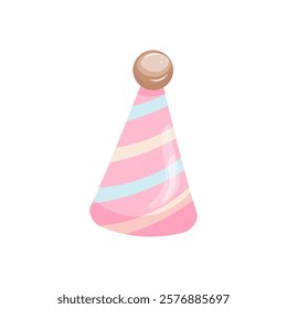 Pink Striped Party Hat. In a hand-drawn style. Single clipart. Vector stock image isolated on white background.