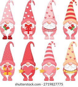 Pink Striped and Patterned Valentine Gnomes - Trendy Nordic Gnome Set Illustration Group of gnomes featuring striped and polka-dot pink hats, all holding red hearts with cheerful expressions. The patterned focus creates a cohesive trendy look that Gen Z loves for coordinated Valentine's projects. Ideal for matching sticker sets, fabric designs, planner spreads, tote bags, and graphics emphasizing style and synchronized affection.