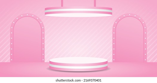 pink striped podium display stage with hanging ceiling and lightbulb arch backdrop on sweet pastel pink floor and wall 3d illustration vector for putting beauty and cosmetic product