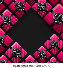 Pink striped and polka dot gift boxes with black bow. Christmas, birthday, holiday frame. Top view. Vector illustration.
