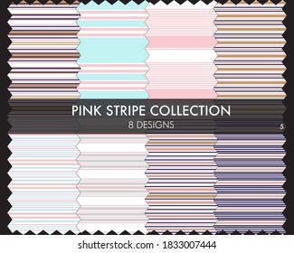 Pink striped seamless pattern collection includes 8 designs for fashion textiles, graphics