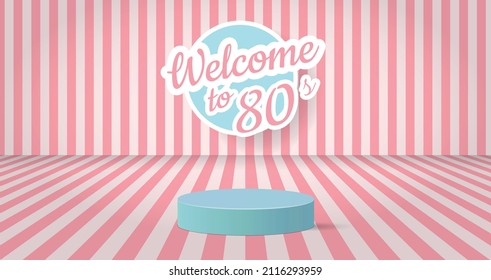 Pink Striped studio with text welcome to 80's with empty space. Retro sale place concept. 3d podium concept