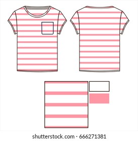 pink striped tshirt with pocket  technical sketch front and back