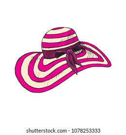 Pink striped wide brim hat, hand drawn doodle, sketch in pop art style, black and white vector illustration